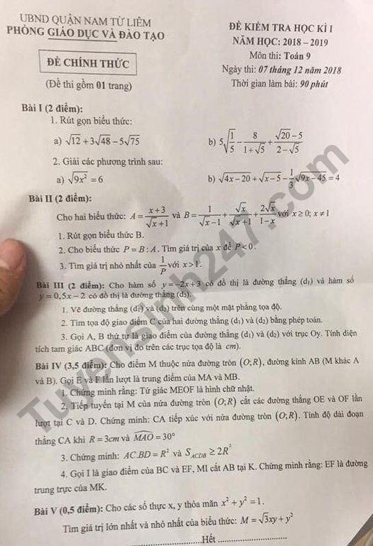 Đề thi kì 1 lớp 9 môn Toán - Phòng GD Quận Bắc Từ Liêm năm 2018