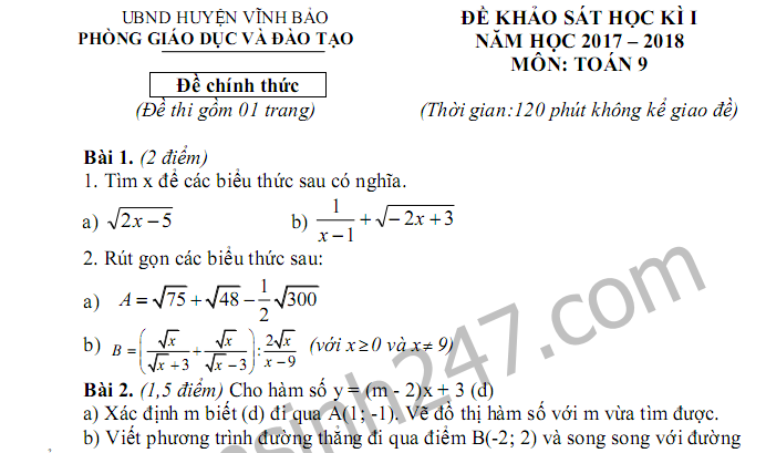 Đề thi kì 1 lớp 9 môn Toán - Vĩnh Bảo năm 2018