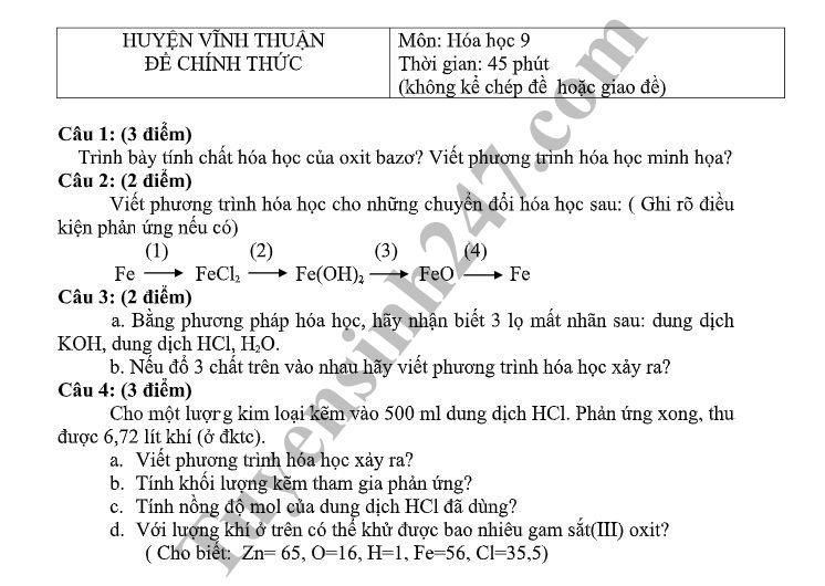 Đề thi học kỳ 1 lớp 9 môn Hóa năm 2018 - Phòng GD Huyện Vĩnh Thuận 