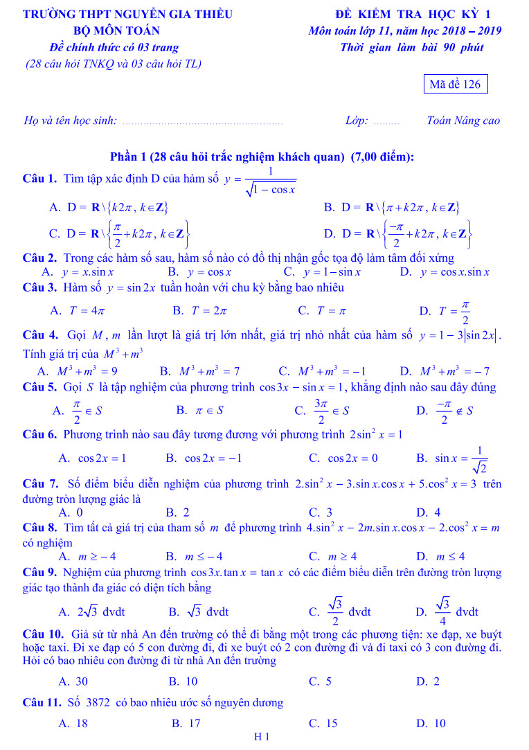 Đề thi học kỳ 1 lớp 11 môn Toán năm học 2018 - 2019 - THPT Nguyễn Gia Thiều 