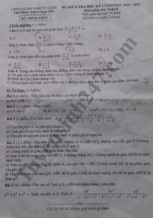 Đề thi học kỳ 1 lớp 8 môn Toán năm học 2018 -2019 - THCS Đại Mỗ 