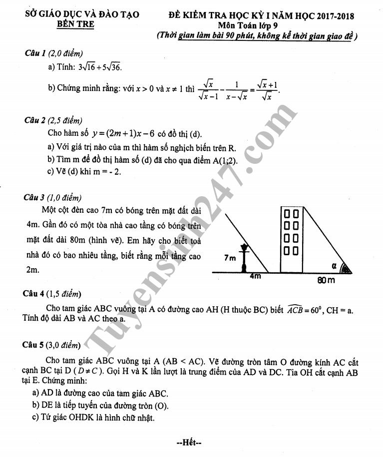 Đề thi học kỳ 1 lớp 9 môn Toán năm 2018 - Sở GD Bến Tre 