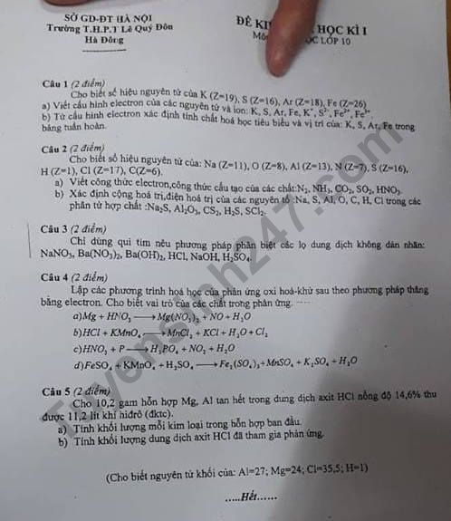 Đề kiểm tra môn Hóa kì 1 lớp 10 THPT Lê Quý Đôn 2018