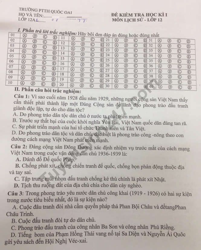 Đề kiểm tra kì 1 lớp 12 môn Sử - THPT Quốc Oai 2018 - 2019 