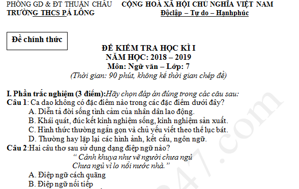 Đề thi kì 1 môn Văn lớp 7 THCS Pá Lông năm 2018 - 2019