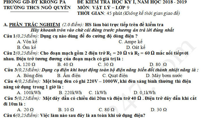 Đề kiểm tra kì 1 lớp 9 môn Lý 2018 - 2019 - THCS Ngô Quyền