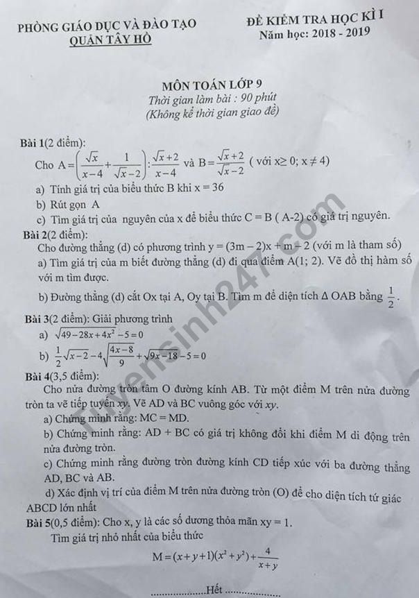 Đề thi học kì 1 lớp 9 môn Toán 2018 - Quận Tây Hồ