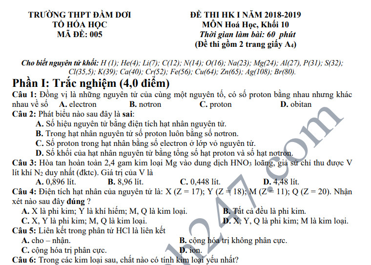 Đề kiểm tra học kì 1 lớp 10 môn Hóa - THPT Đầm Dơi năm 2018