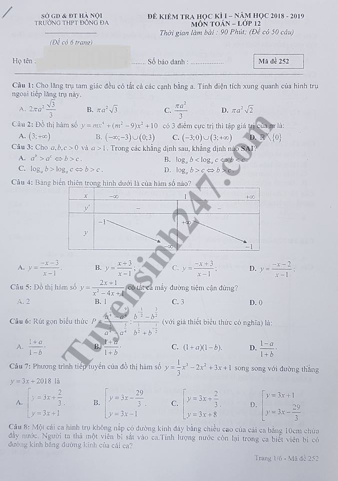 Đề thi kì 1 lớp 12 môn Toán 2018 - 2019 THPT Đống Đa