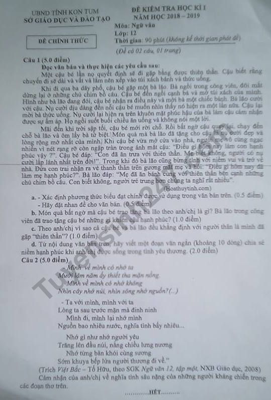 Đề thi kì 1 lớp 12 môn Văn - Sở GD Kon Tum năm 2018