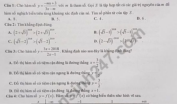 Đề thi kì 1 lớp 12 môn Toán - Chuyên Nguyễn Huệ năm học 2018 - 2019