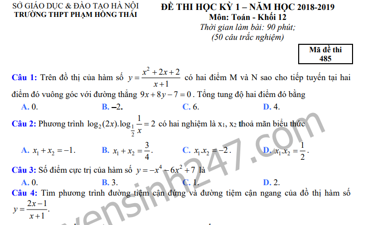 Đề thi kì 1 lớp 12 môn Toán - THPT Phạm Hồng Thái năm 2018 - 2019