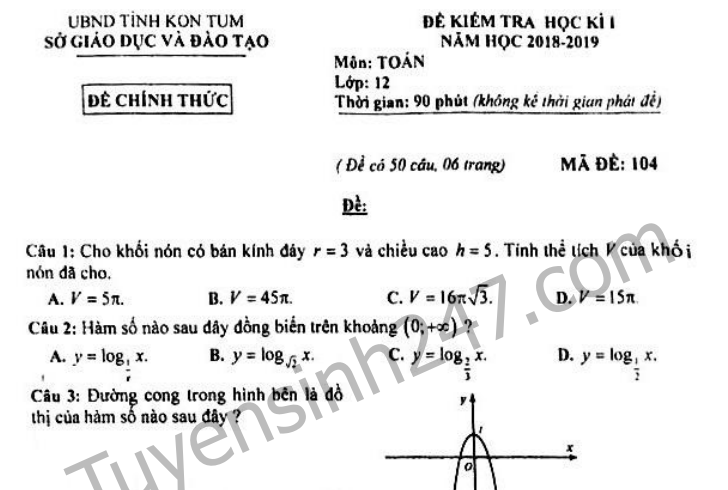 Đề thi kì 1 lớp 12 môn Toán năm học 2018 - 2019 - Sở GD Kon Tum 