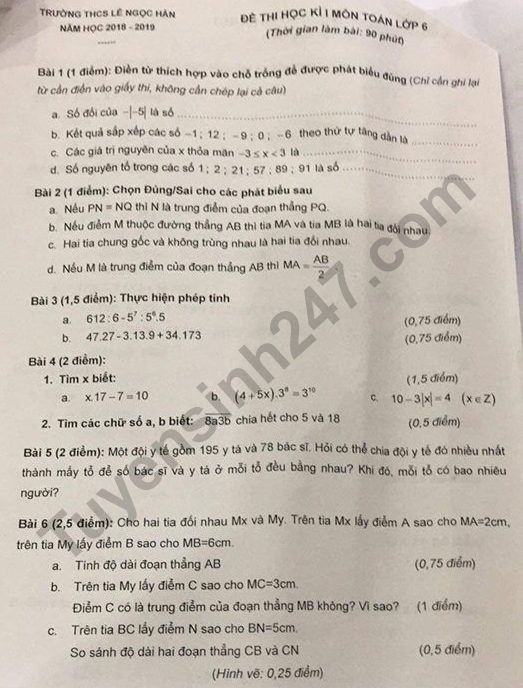 Đề thi kì 1 lớp 6 môn Toán - THCS Lê Ngọc Hân năm học 2018 - 2019 