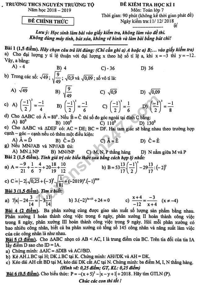 Đề thi kì 1 lớp 7 môn Toán năm 2018 - THCS Nguyễn Trường Tộ 