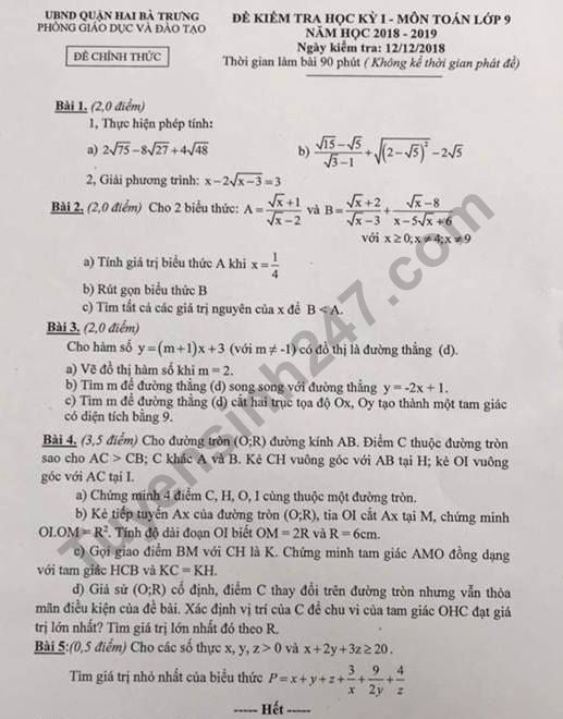 Đề thi kì 1 lớp 9 môn Toán năm 2018 - Quận Hai Bà Trưng 