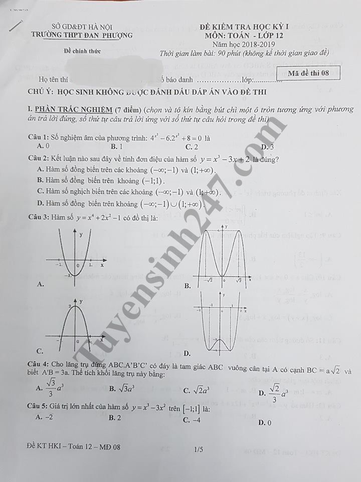 Đề thi học kỳ 1 lớp 12 môn Toán năm học 2018 - 2019 - THPT Đan Phượng