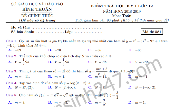 Đáp án và đề thi kì 1 lớp 12 môn Toán - Sở GD Bình Thuận năm 2018