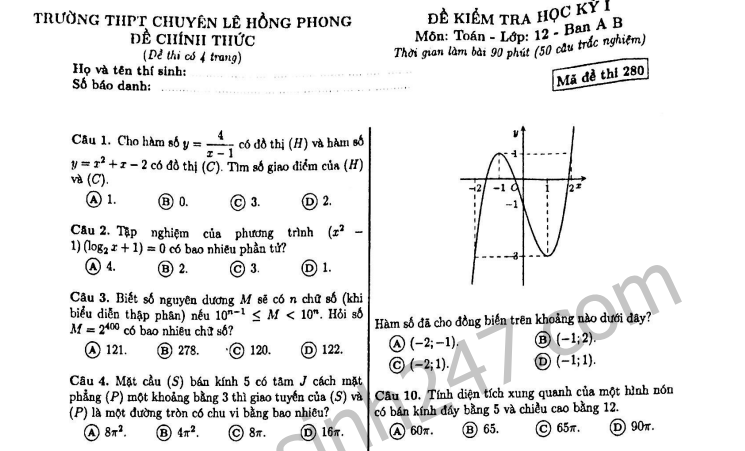 Đề thi kì 1 lớp 1 lớp 12 môn Toán - THPT Chuyên Lê Hồng Phong năm 2018