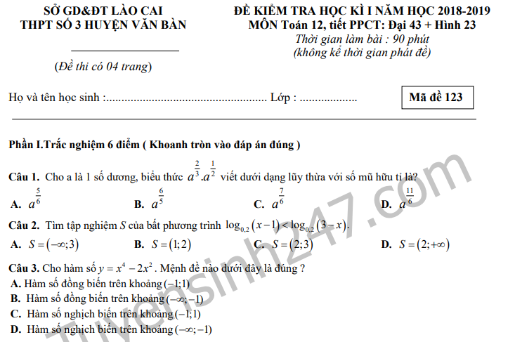 Đề thi kì 1 lớp 12 môn Toán năm 2018 - THPT số 3 Văn Bàn 