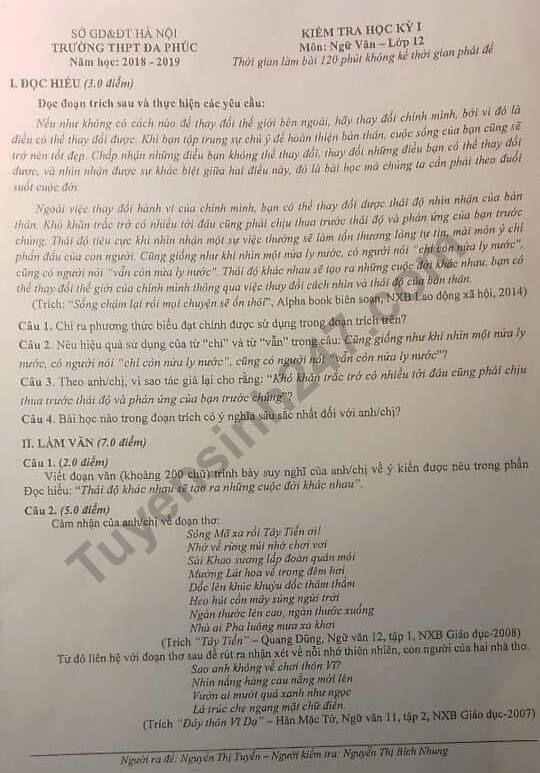 Đề thi kì 1 lớp 12 môn Văn - THPT Đa Phúc năm 2018