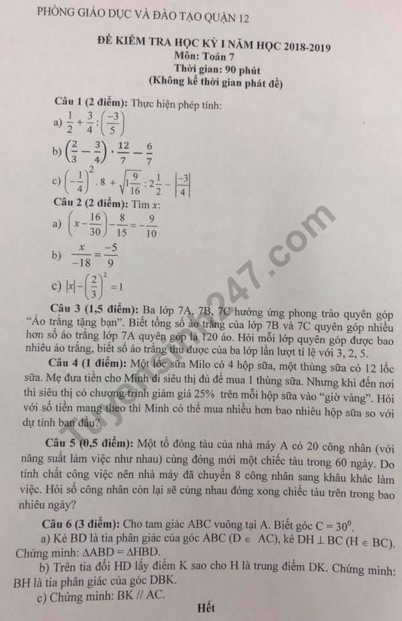 Đề thi kì 1 lớp 7 môn Toán năm 2018 - 2019 - Phòng GD Quận 12 