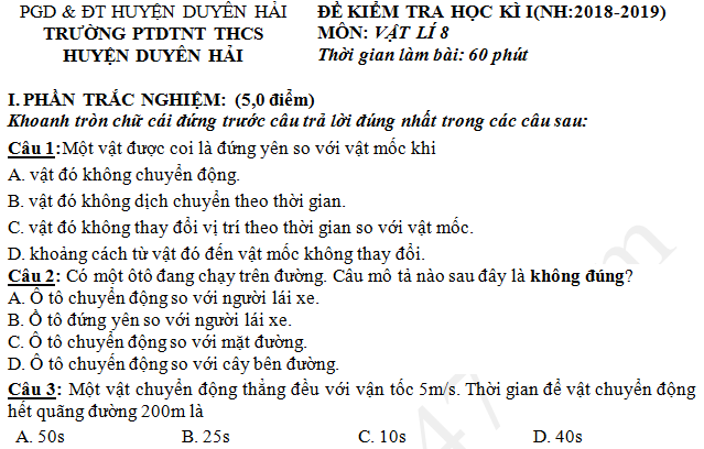 Đề thi kì 1 lớp 8 môn Lý 2018 - PTDTNT THCS huyện Duyên Hải