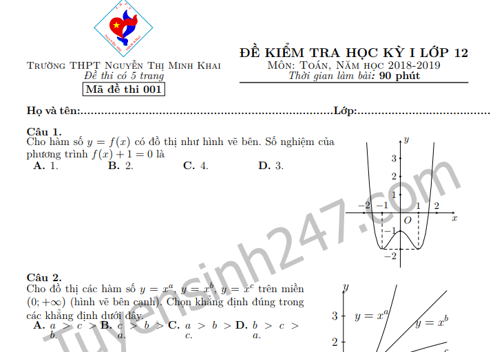 Đề thi kì 1 lớp 12 môn Toán năm 2018 - THPT Nguyễn Thị Minh Khai 