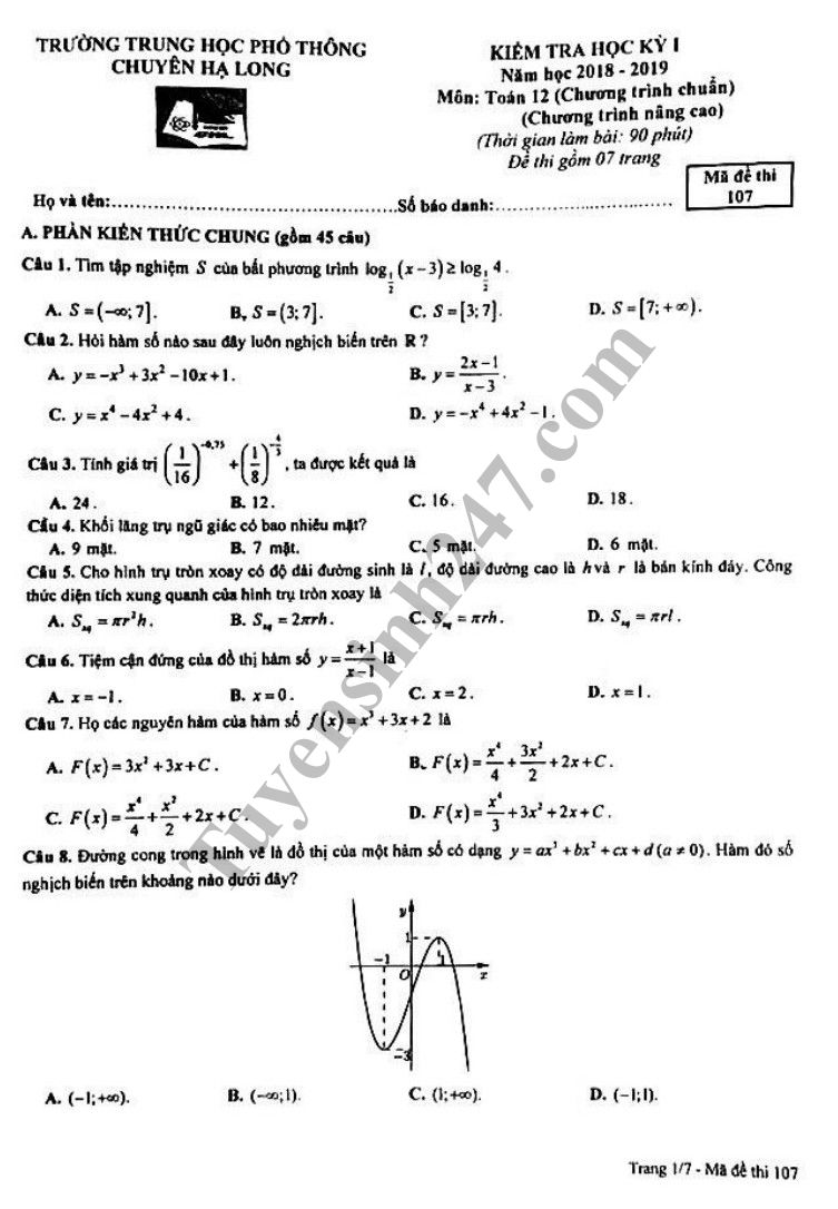 Đề thi học kỳ 1 lớp 12 môn Toán năm 2018 - THPT Chuyên Hạ Long 