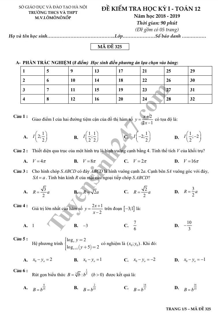 Đề thi học kỳ 1 lớp 12 môn Toán năm 2018 - THCS&THPT M.V.Lomonoxop 