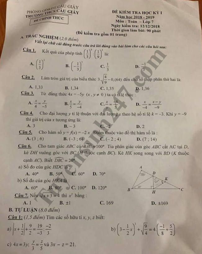 Đề thi học kỳ 1 lớp 7 môn Toán năm 2018 - THCS Cầu Giấy 