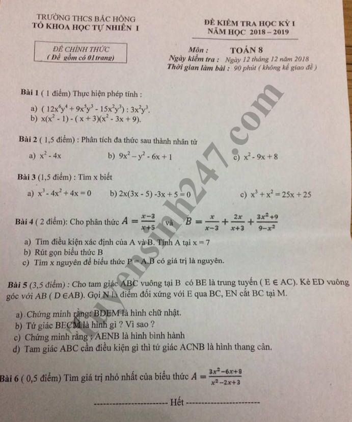 Đề thi học kỳ 1 lớp 8 môn Toán - THCS Bắc Hồng năm học 2018 - 2019