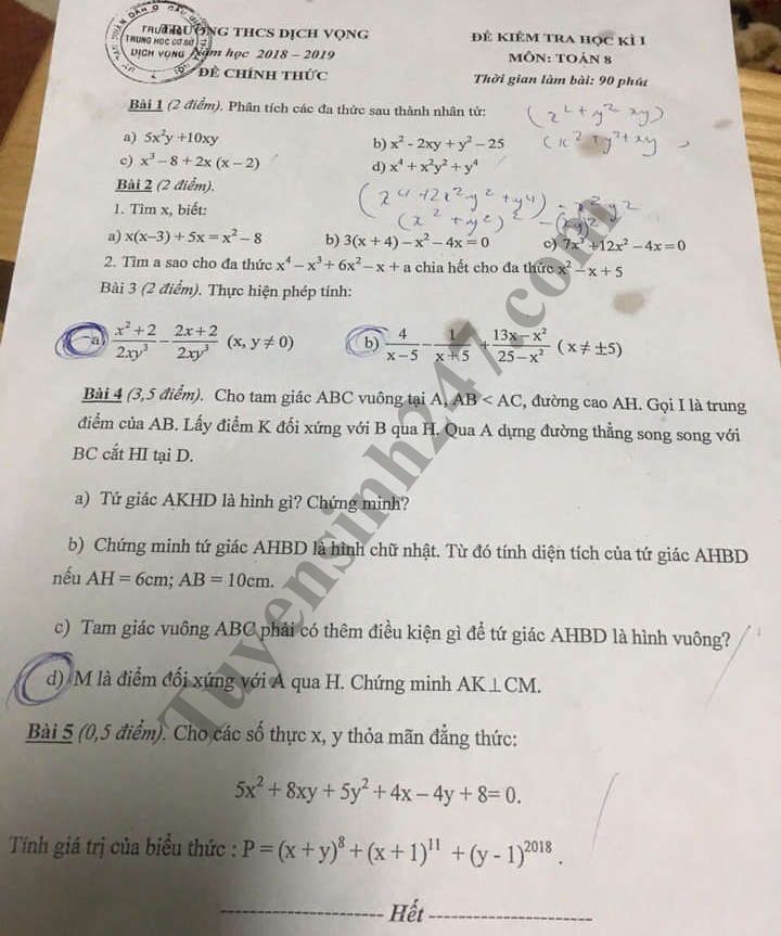 Đề thi học kỳ 1 lớp 8 môn Toán năm 2018 - THCS Dịch Vọng 