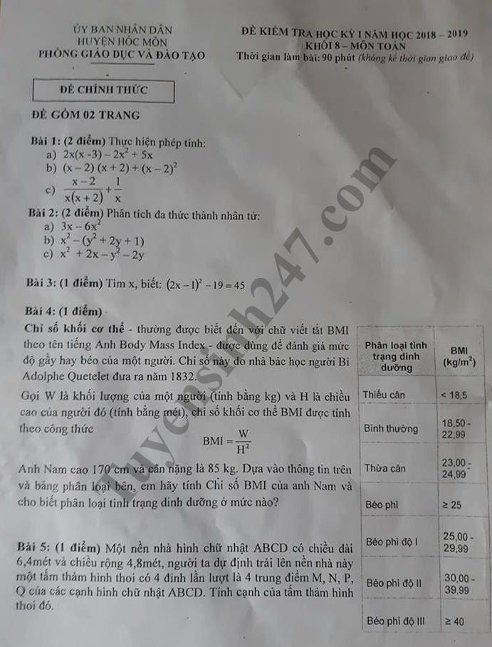 Đề thi học kỳ 1 lớp 8 môn Toán năm 2018 - Phòng GD Huyện Hóc Môn 