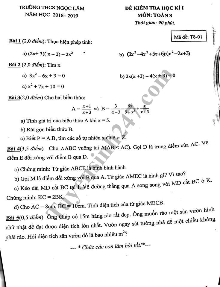 Đề thi học kỳ 1 lớp 8 môn Toán năm 2018 - THCS Ngọc Lâm 