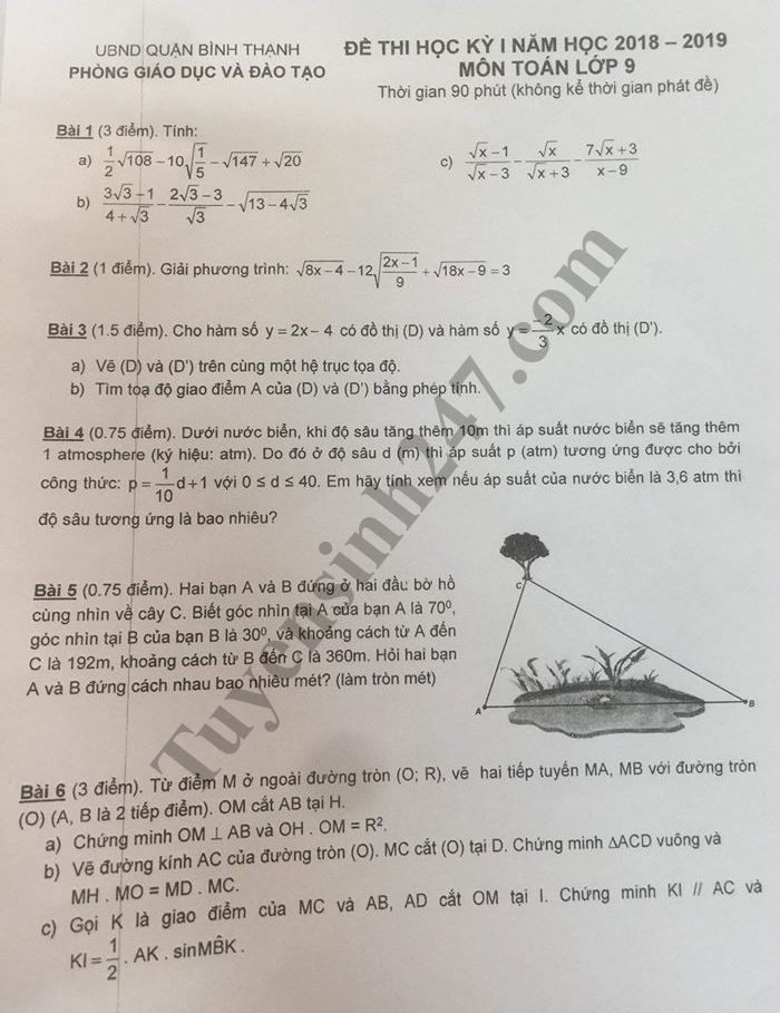 Đề thi học kỳ 1 lớp 9 môn Toán năm 2018 - Phòng GD Quận Bình Thạnh 