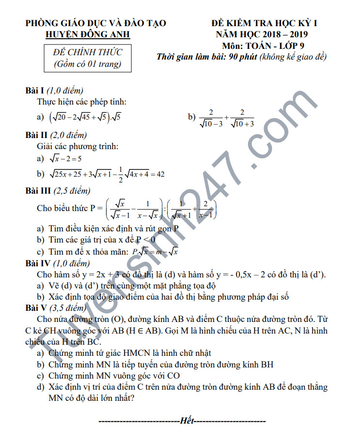 Đề thi học kỳ 1 lớp 9 môn Toán năm 2018 - Phòng GD Đông Anh 