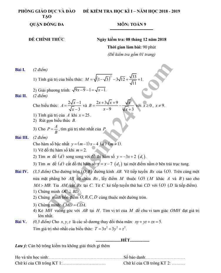 Đề thi học kỳ 1 lớp 9 môn Toán năm 2018 - Phòng GD Đống Đa 