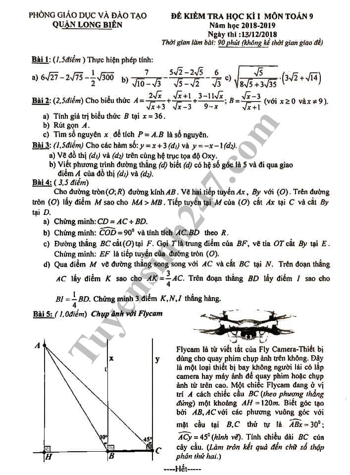 Đề thi học kỳ 1 lớp 9 môn Toán năm 2018 - Phòng GD Quận Long Biên 