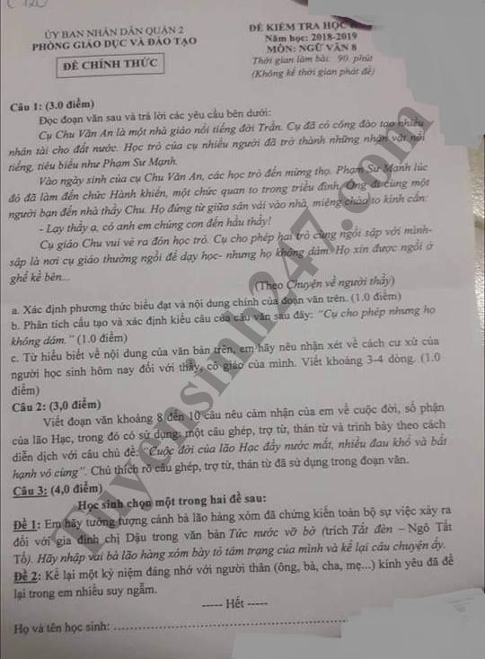 Đề thi học kỳ 1 lớp 8 môn Văn năm 2018 - Phòng GD&ĐT Quận 2 