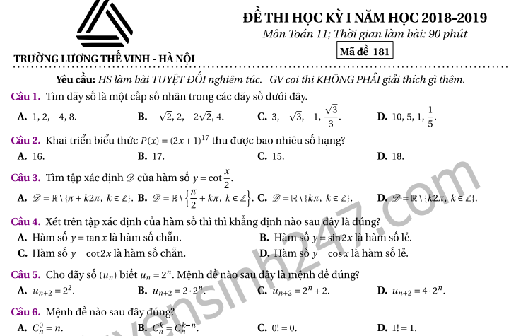 Đề thi kì 1 lớp 11 môn Toán năm 2018 - THPT Lương Thế Vinh