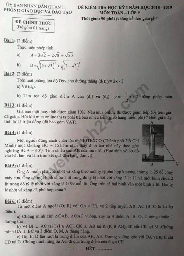 Đề thi kì 1 lớp 9 môn Toán - Phòng GD Quận 11 năm 2018