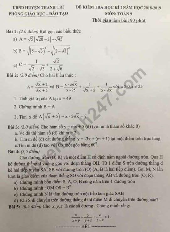 Đề thi kì 1 lớp 9 môn Toán - Phòng GD Thanh Trì năm 2018