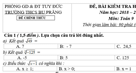 Đề thi học kỳ 1 lớp 9 môn Toán - THCS Bu Prăng năm 2019