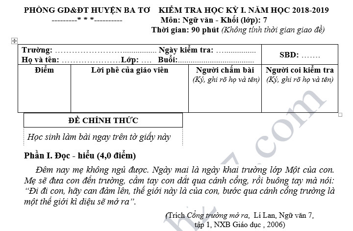 Đề thi học kỳ 1 lớp 7 môn Văn năm 2018 - Phòng GD Ba Tơ 