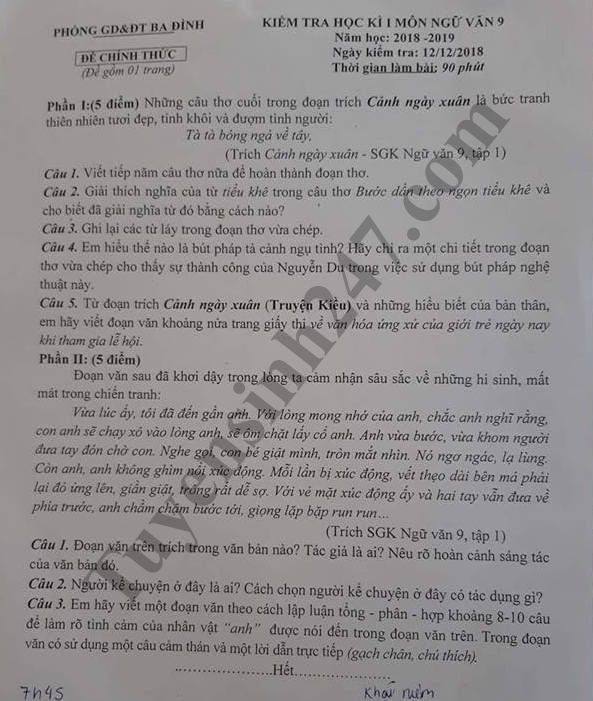 Đề thi học kỳ 1 lớp 9 môn Toán - Phòng GDĐT Ba Đình năm 2018