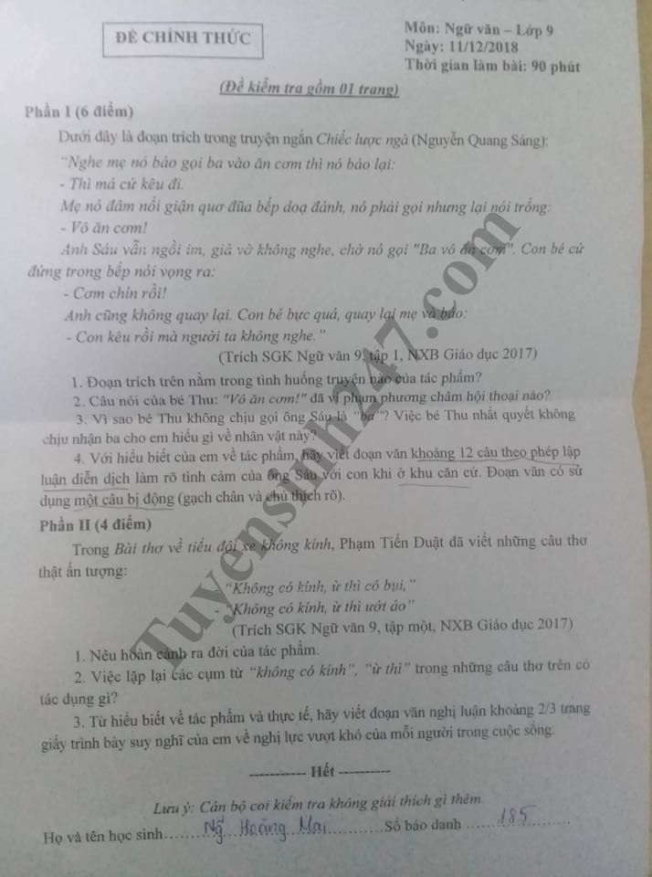Đề thi học kỳ 1 lớp 9 môn Văn năm 2018 - Phòng GDĐT Quận Cầu Giấy