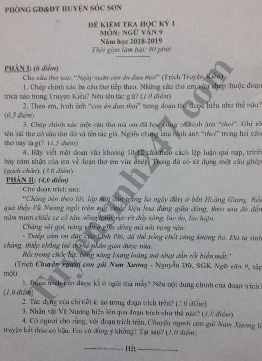 Đề thi học kỳ 1 lớp 9 môn Văn năm 2018 - Phòng GD&ĐT Sóc Sơn 