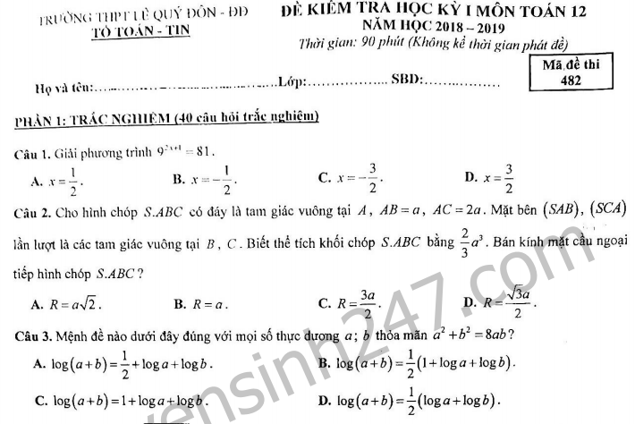 Đề thi kì 1 lớp 12 môn Toán - THPT Lê Quý Đôn năm 2018