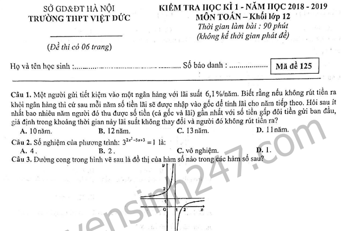 Đề thi kì 1 lớp 12 môn Toán năm 2018 - THPT Việt Đức 